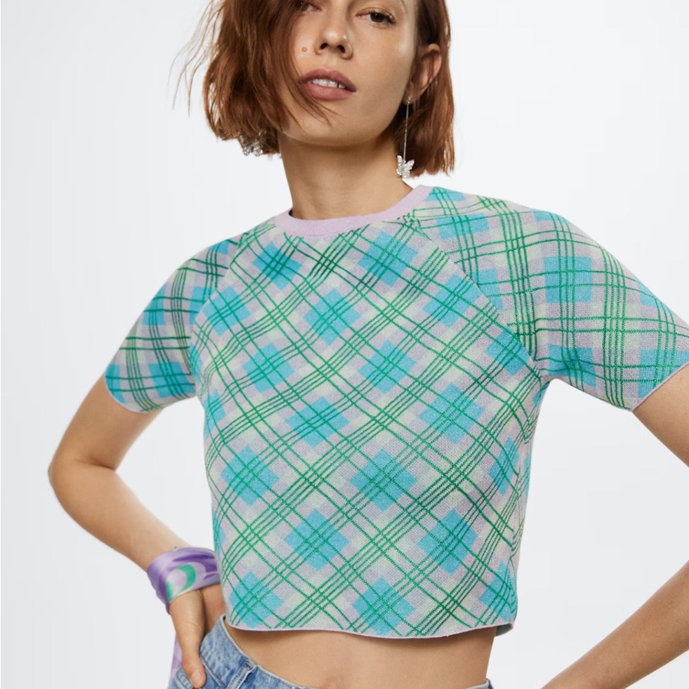Mango Green and Blue Plaid Short Sleeve Top